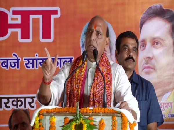 Rajnath Singh addressing an election rally in Mirzapur on Tuesday. Photo/ANI
