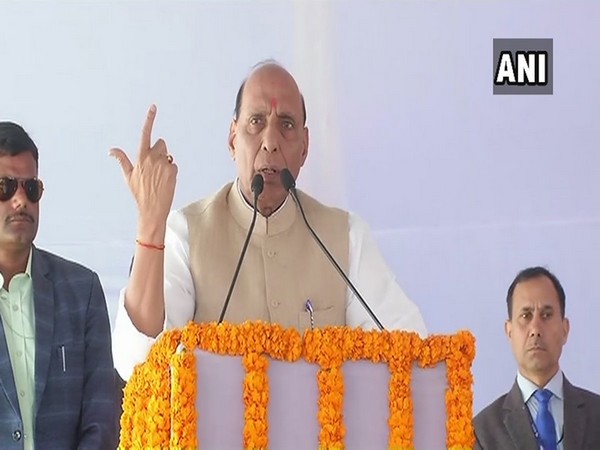 Union Home Minister Rajnath Singh addressing a public rally in Chandauli on Saturday.