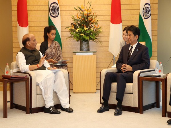 Defence Minister Rajnath Singh in a meeting with Japanese Prime Minister Shinzo Abe on Monday. Photo/ANI 