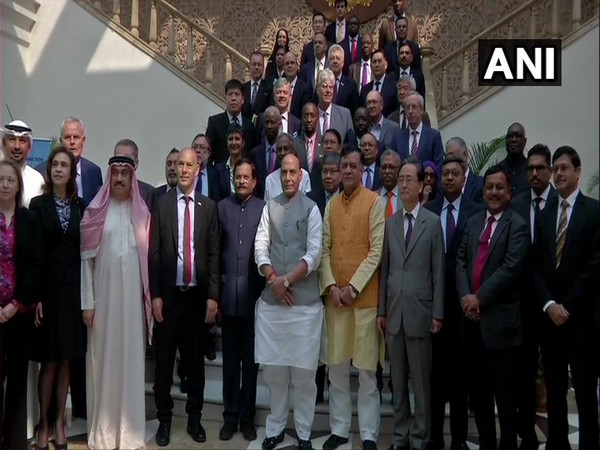 Defence Minister Rajnath Singh along with Heads of Missions and Defence Attaches of over 80 countries in New Delhi on Monday.
