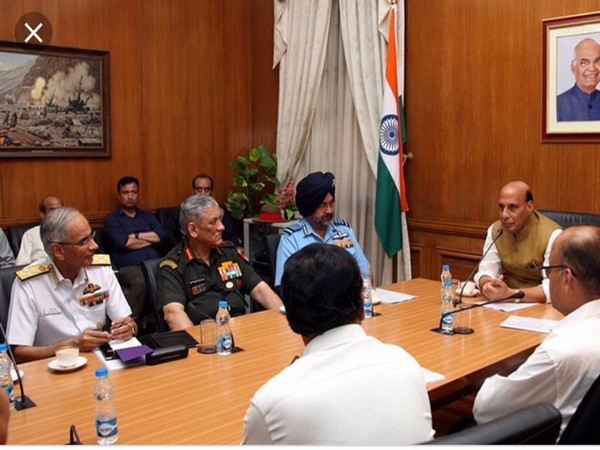 File picture of Defence Minister Rajnath Singh meeting the three services chiefs and senior Defence Ministry officials in his south block office.