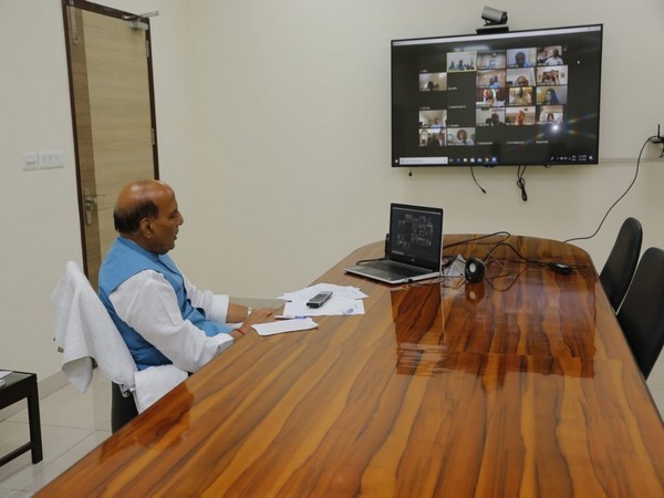 Defence Minister Rajnath Singh in the review meeting held through video conferencing in New Delhi on Wednesday. Photo/ANI