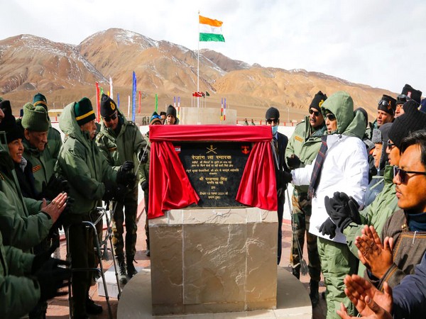 Defence Minister Rajnath Singh inaugurated revamped war memorial at Rezang La in Leh on Thursday. (Photo/ANI)