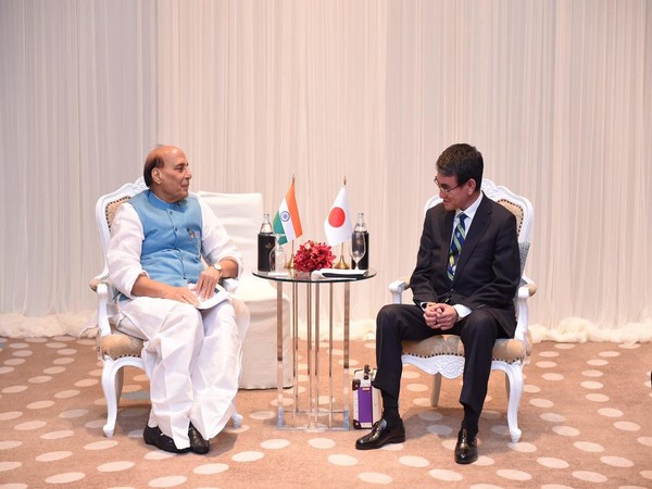 Union Defence Minister Rajnath Singh with Japan's Minister of Defence Taro Kono in Thailand on Sunday (Picture Credits: Rajnath Singh/Twitter)