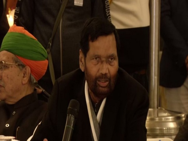 Union Minister Ram Vilas Paswan speaking at a meeting of all SC/ST MPs at his residence in New Delhi on Monday. Photo/ANI