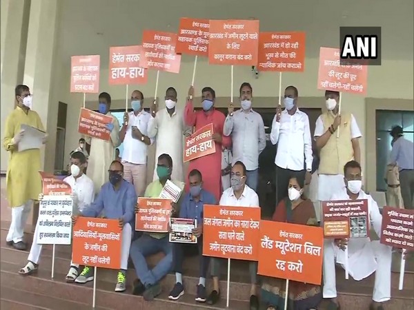 BJP MLAs stage protest outside Jharkhand Assembly in Ranchi on Monday. (Photo/ANI)