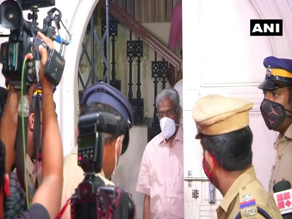 CM Raveendran leaving the Enforcement Directorate office on late Thursday night after being interrogated for around 13 hours.