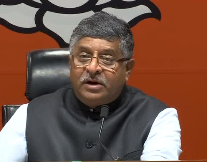 Union Minister Ravi Shankar Prasad addressing the media in Delhi on Saturday. Photo/ANI