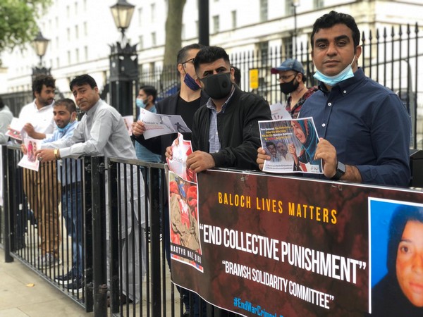 Bramsh solidarity committee in UK protesting against killings of baloch women in Balochistan by Pakistan. (Photo/ANI)