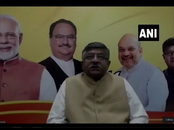 Union Minister Ravi Shankar Prasad interacting with the non-resident Biharis via video conference on Sunday. Photo/ANI