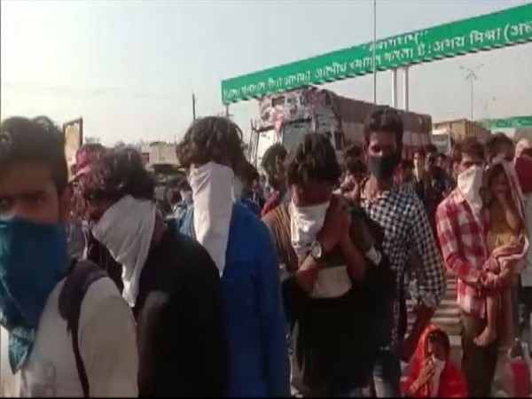 Migrant labourers at Uttar Pradesh-Madhya Pradesh border. (Photo/ANI)