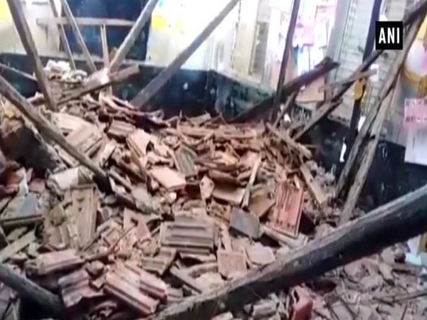 The collapsed part of a roof of the primary school in Krishna district of Andhra Pradesh.