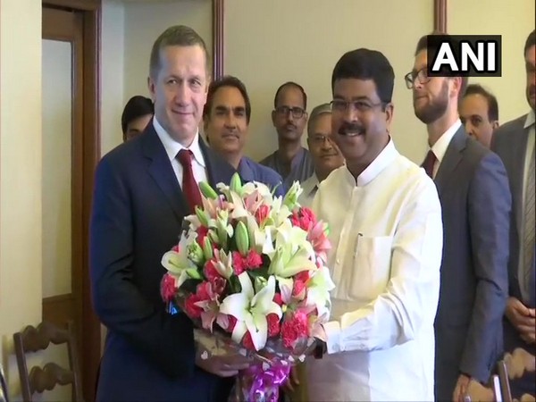 Deputy Prime Minister of Russia, Yury Petrovich Trutnev with Union Minister of Petroleum and Natural Gas Dharmendra Pradhan in New Delhi on Wednesday  