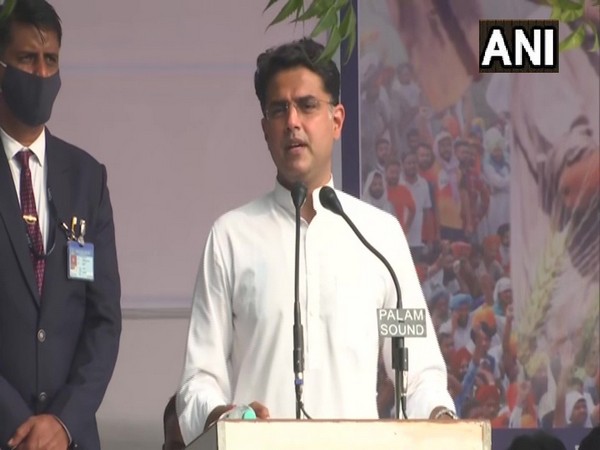 Congress leader Sachin Pilot addressing a rally in Jaipur in support of farmers protesting the new farm laws. (Photo/ANI)