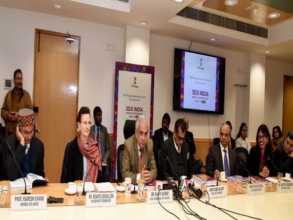 NITI Aayog Vice-Chairman Rajiv Kumar (centre) addressing at the launch of SDG India Index and Dashboard 2019-20 in New Delhi on Monday