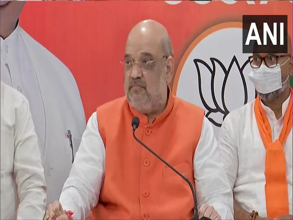 Union Home Minister Amit Shah addressing a press conference in Hyderabad on Sunday. (Photo/ANI)
