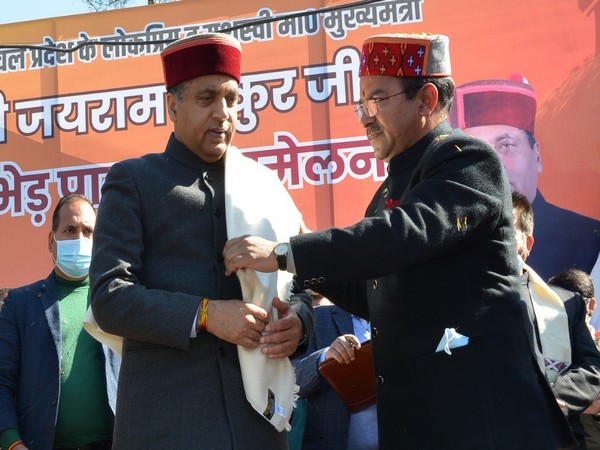 Visual of Himachal Pradesh Chief Minister Jai Ram Thakur addressing the Gaddi community in Kangra. (Photo/ANI)