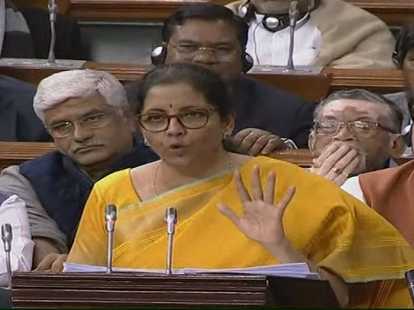 Caption: Finance Minister Nirmala Sitharaman presenting Union Budget 2020-21 in the Lok Sabha on Saturday. Photo/ANI