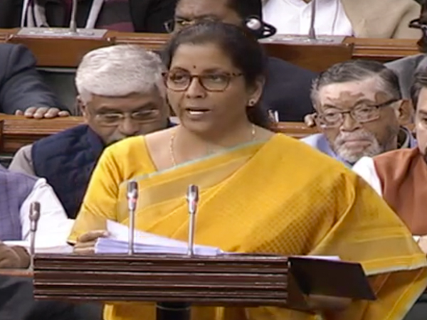 Finance Minister Nirmala Sitharaman presenting Union Budget 2020-21 in Lok Sabha on Saturday. Photo/LSTV   