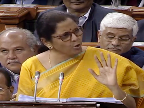 Finance Minister Nirmala Sitharaman speaking in Parliament during budget presentation on Saturday.