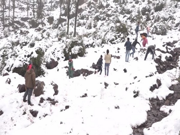 Tourists enjoying the snowfall at Panchari, Jammu and Kashmir on Sunday.