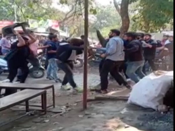 A still from viral video showing fights between two groups in Meerut. Photo/ANI