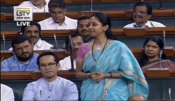 Nationalist Congress Party MP Supriya Sule on Tuesday in Lok Sabha. Photo/ANI