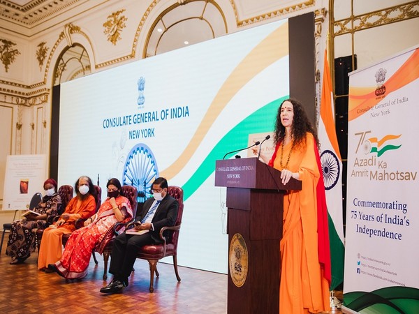 American born Sadhvi Bhagawati Saraswati at  the Consulate General of India, New York. (ANI)