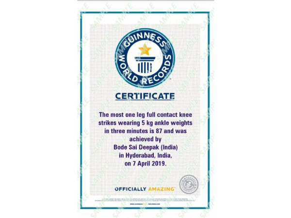 The certificate issued by Guinness Book Of World Records to B Sai Deepak Patel. Photo/ANI