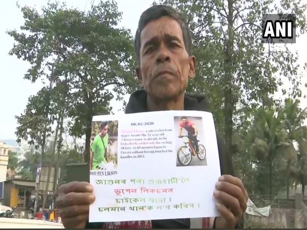 Cyclist Bhupen Likson in Guwahati (Photo/ANI)