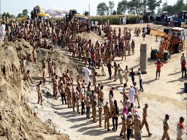 Visuals from Rescue operation underway to retrieve 2-year-old boy struck in borewell in Sangrur on Monday. Photo/ANI