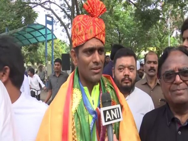 Youth Congress leader Santosh Kolkunda at the cycle rally in Hyderabad on Friday. Photo/ANI