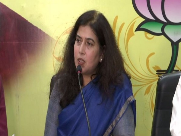 BJP leader Saroj Pandey addressing a press conference in Raipur on Sunday. Photo/ANI