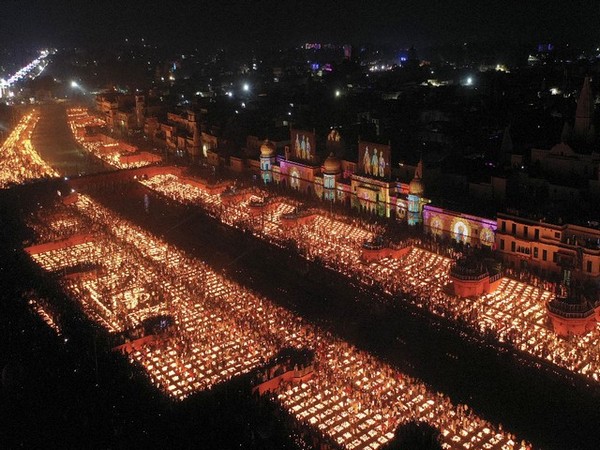 An aerial view of illuminated Saryu Ghat with earthen lamps in Ayodhya in November last year. (Photo: ANI)