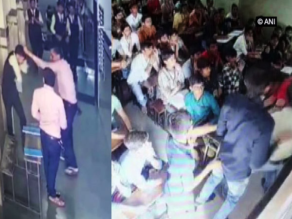 In two inicdents, teacher allegedly thrashed a class XII student (Left) and furious parents along with other people attacked the teacher on the school campus (Righ). (Photo/CCTV Footage)