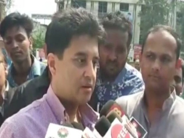 Senior Congress leader Jyotiraditya Scindia speaking to media persons on Wednesday in Indore. Photo/ANI
