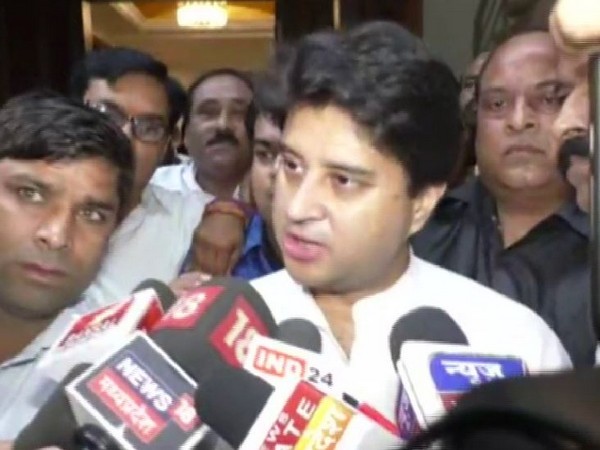 Senior Congress leader Jyotiraditya Scindia speaking to media persons on Sunday in Indore. Photo/ANI