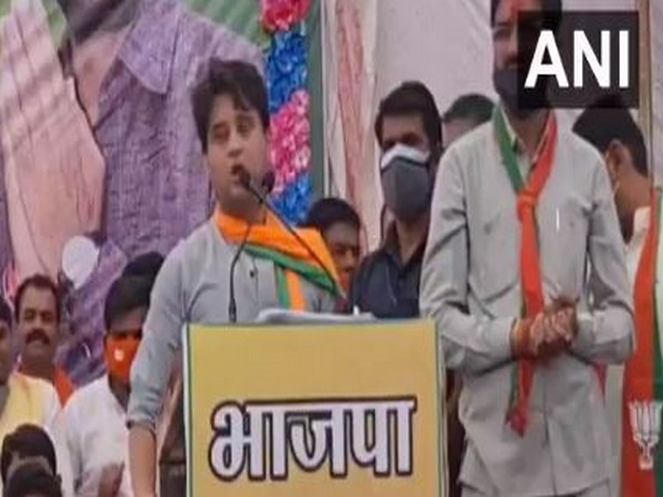 BJP leader Jyotiraditya Scindia addressing a rally in Madhya Pradesh on Saturday. Photo/ANI
