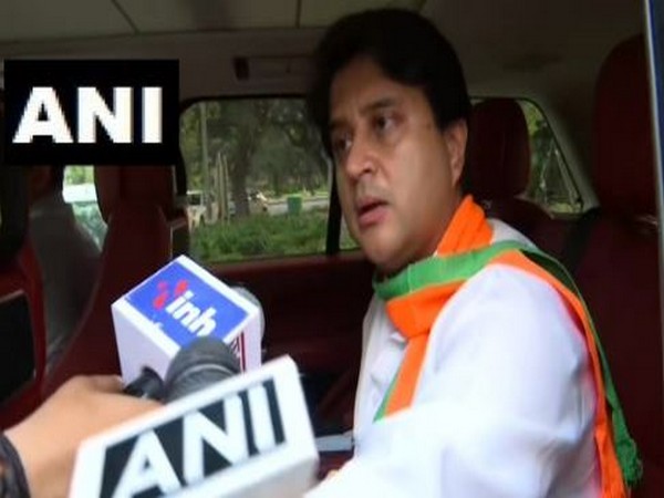 BJP leader Jyotiraditya Scindia speaking to reporters on Saturday. Photo/ANI