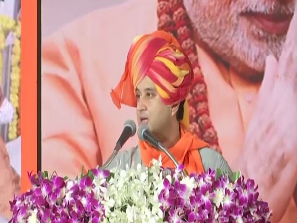 BJP leader Jyotiraditya Scindia speaking at a public meeting in Indore on Saturday. [Photo/ANI]