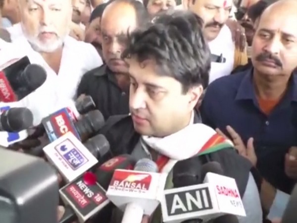 Congress leader Jyotiraditya Scindia talking to mediapersons on Monday. Photo/ANI