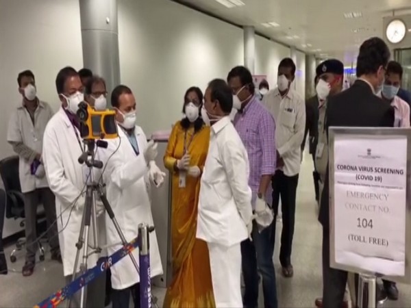 Telangana Health Minister Eatela Rajendra inspects screening at RGI Airport on Monday. Photo/ANI
