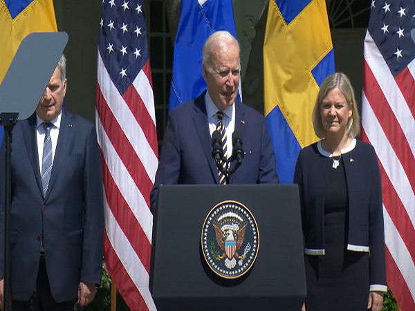 US President Joe Biden addressing joint press conference with Sweden Prime Minister Magdalena Andersson and Finland President Sauli Niinisto