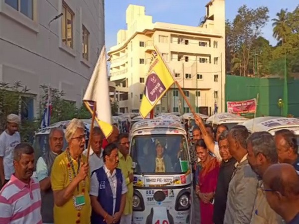 Sewa UK members flagging off the 'Rickshaw Run' event in Hubli on Sunday.