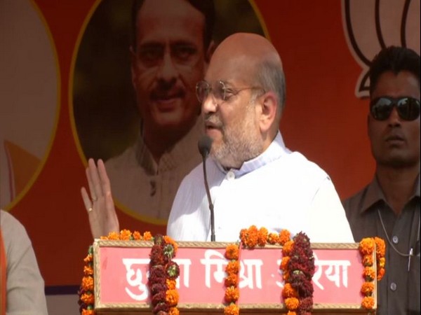 Amit Shah addressing a public rally in Auraiya, Uttar Pradesh. Photo/ANI