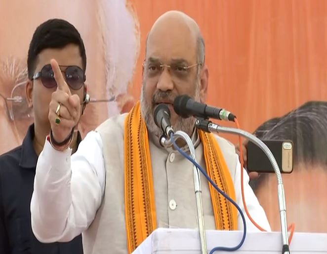 BJP chief Amit Shah while addressing an election rally at Rajnandgaon in Chhattisgarh on Friday. Photo/ANI