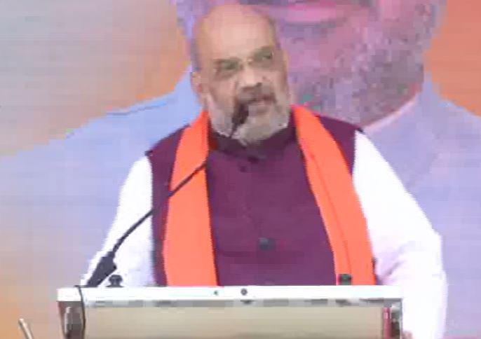 BJP chief Amit Shah while addressing an election rally in Maharashtra's Sangli on Wednesday. Photo/ANI