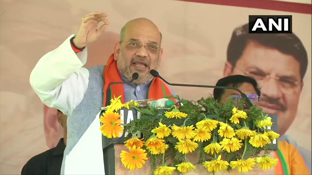 BJP president Amit Shah addressing an election rally in Nagina, Uttar Pradesh on Sunday. Photo/ANI
