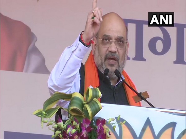 Union Home Minister Amit Shah speaking at a public meeting in Jabalpur, Madhya Pradesh, on Sunday. Photo/ANI