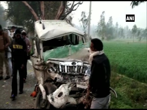 Bolero was smashed after it collided with a bus. Photo/ANI